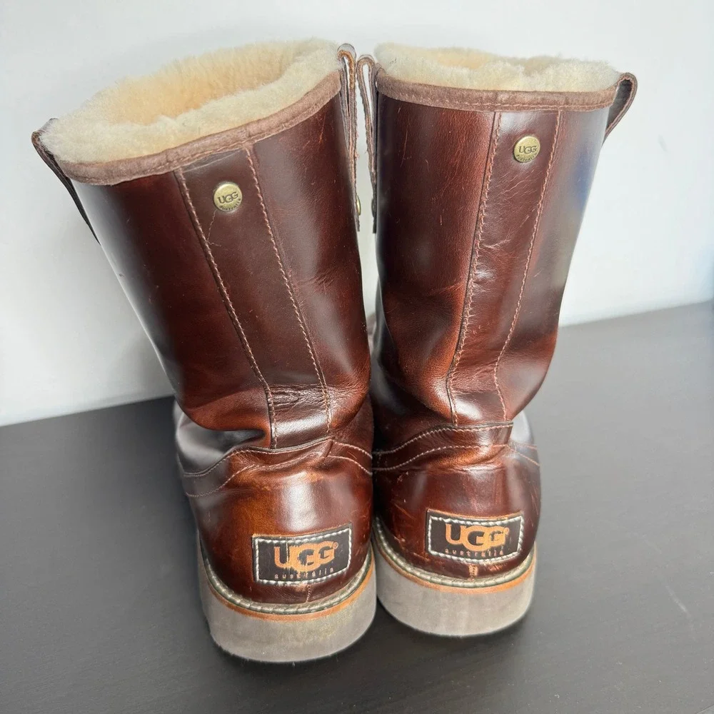 UGG Australia Stoneman Bomber Brown Leather Shearling Vibram Winter Boot 12